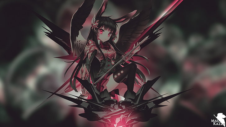 schwarzhaariger Anime-Charakter, Anime-Mädchen, Tierohren, rote Augen, Flügel, schwarzes Haar, originelle Charaktere, HD-Hintergrundbild