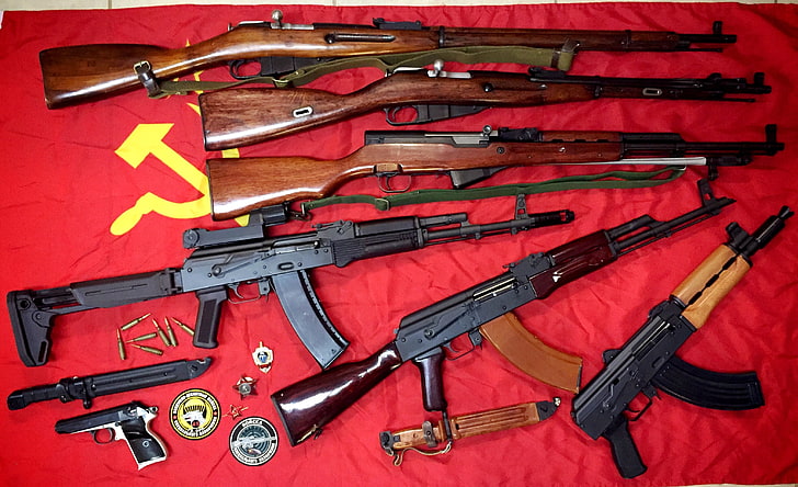 assorted rifles, weapons, flag, Arsenal, Soviet, HD wallpaper