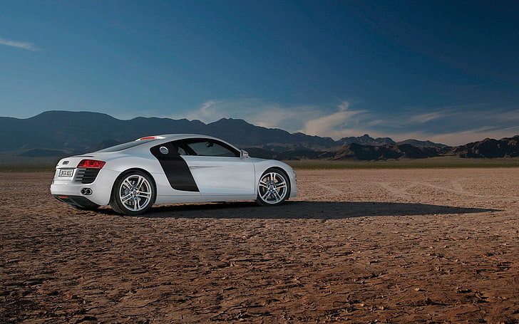 бяло купе на сушата, Audi R8, Audi, пейзаж, кола, превозно средство, HD тапет
