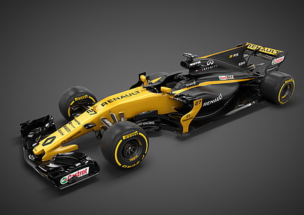 black and yellow Renault F1 race car, Renault R.S.17, Formula One, Racing car, 4K, 2017, HD wallpaper HD wallpaper