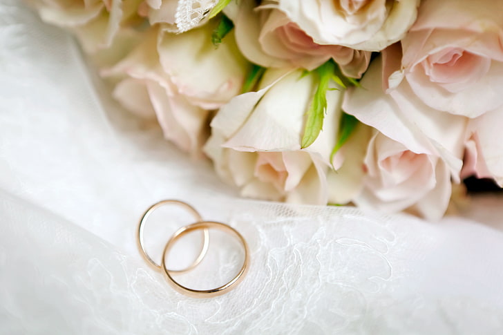par de alianzas de boda doradas, flores, rosas, anillos de compromiso, anillos de boda, Fondo de pantalla HD
