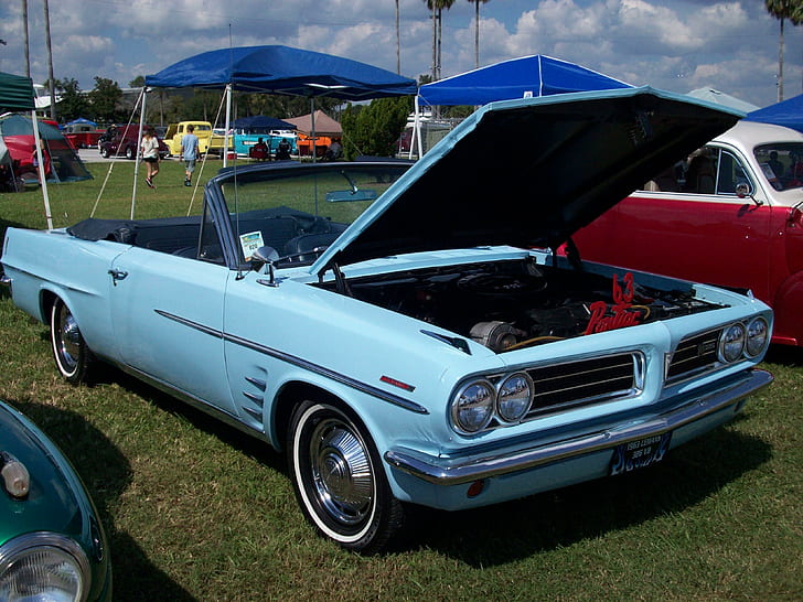 63 Pontiac Conv, white convertible, pontiac, lite-blue, classic, HD wallpaper