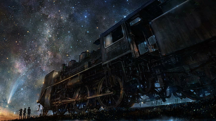 влак, звездна нощ, небе, звезди, изкуство, HD тапет