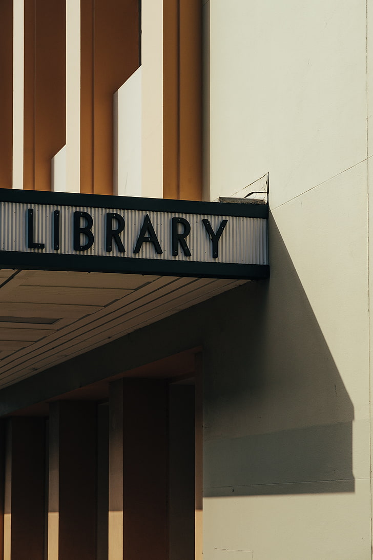 edificio di biblioteca in cemento bianco, insegna, biblioteca, iscrizione, Sfondo HD, sfondo telefono