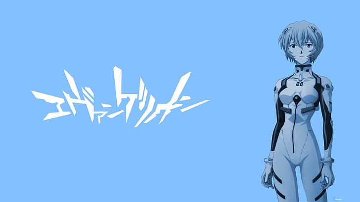 Ayanami Rei, Neon Genesis Evangelion, pertarungan mecha, gadis mecha, latar belakang biru, Wallpaper HD