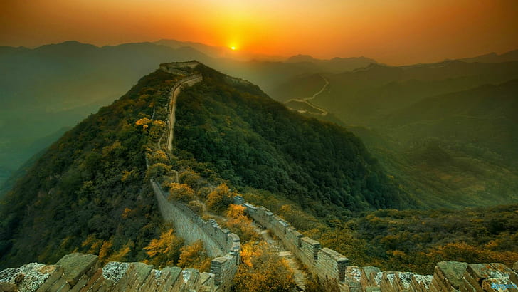 Great Wall Of China Sunset, walls, sunsets, mountains, nature, nature and landscapes, HD wallpaper
