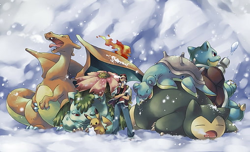 Pokémon, Charizard, Snorlax, Blastoise, arte digital, Venusaur, Lapras, Pikachu, nieve, Rojo (personaje), Fondo de pantalla HD HD wallpaper