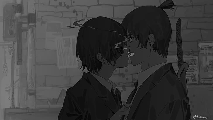 smoke, Chainsaw Man, eyepatches, lighter, cigarettes, kissing, sword, tie, HD wallpaper