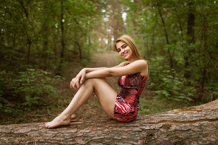 women's red and black mini dress, women, blonde, dress, smiling, depth of field, women outdoors, trees, forest, HD wallpaper