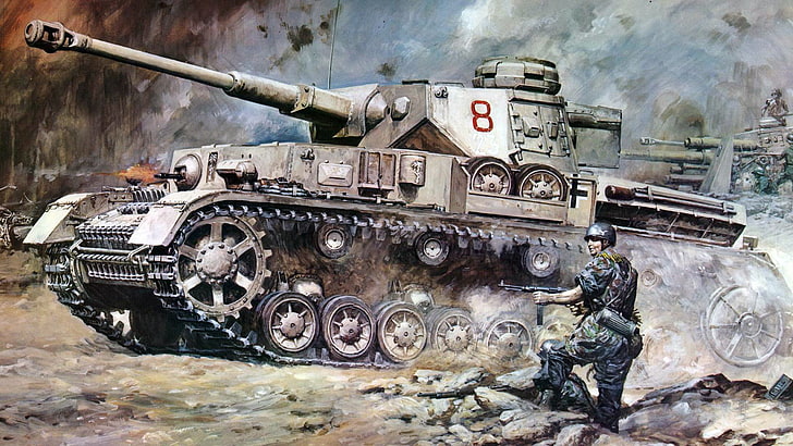 soldato vicino al carro armato illustrazione, guerra, figura, arte, soldati, A IV, offensiva, Panzerkampfwagen IV, T ‑ IV, Pz.IV, carro armato medio tedesco durante la seconda guerra mondiale, Sfondo HD