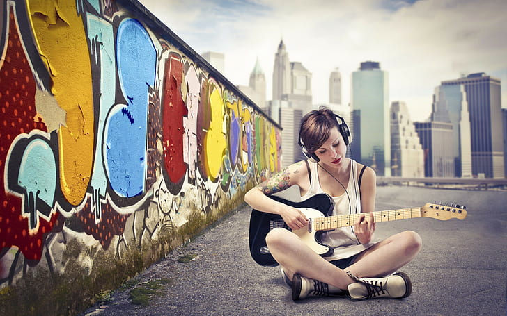 women, guitar, cityscape, graffiti, brunette, headphones, musical instrument, sitting, wall, HD wallpaper