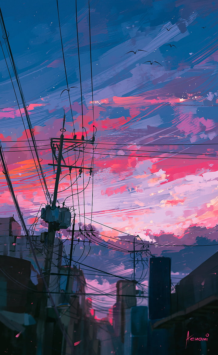 black metal framed glass top table, sunset, town, sky, clouds, portrait display, Aenami, power lines, HD wallpaper