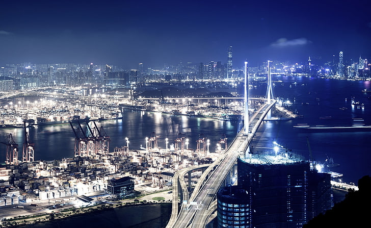 Panoramic View Of Hong Kong At Night, gray suspension bridge, City, Asia/China, View, Night, Panoramic, hong kong, HD wallpaper