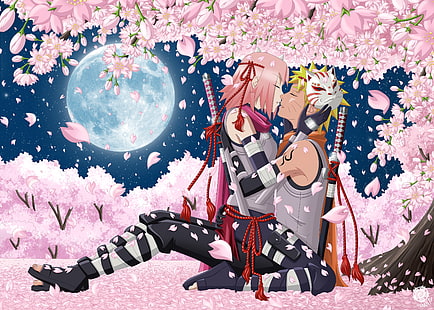 Naruto männliche und weibliche Figur küssen unter Kirschblütenbaum, Kunst, Hanabi-Rin, Anime, Naruto, Uzumaki Naruto, Haruno Sakura, Mädchen, Mann, Nacht, Mond, Bäume, Kirsche, HD-Hintergrundbild HD wallpaper