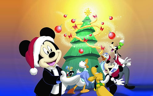 休日、クリスマス、クリスマスツリー、デイジーダック、ディズニー、ドナルドダック、グーフィー、ジミニークリケット、ミッキーマウス、ミニーマウス、Pl王星、 HDデスクトップの壁紙 HD wallpaper