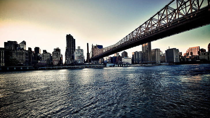 США, река, Ист-Ривер, Нью-Йорк, HDR, городской пейзаж, мост Квинсборо, HD обои