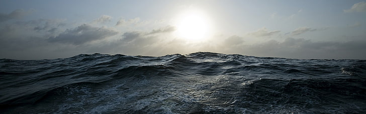 landscape photo of ocean, sea, waves, Sun, clouds, nature, HD wallpaper