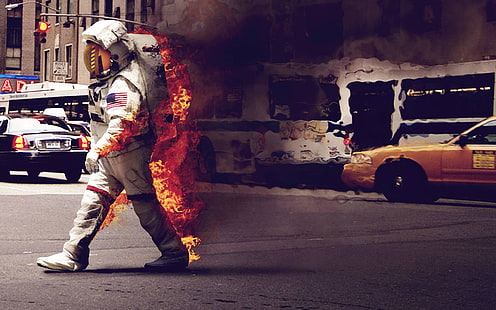 white and red USA astronaut costume, astronaut, fire, humor, spacesuit, dark, USA, smoke, traffic, road, city, burning, digital art, street, burn, spaceman, space suit, NASA, space, New York City, Jack Crossing, HD wallpaper HD wallpaper