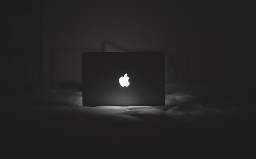 MacBook, czarno-biały, laptop, jabłko, noc, światło, technologia, komputer, sypialnia, Macbook, czarno-biały, Tapety HD HD wallpaper