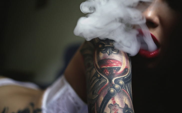girl, smoke, tattoo, HD wallpaper