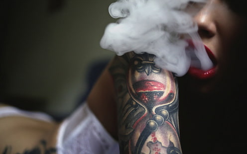 dziewczyna, dym, tatuaż, Tapety HD HD wallpaper