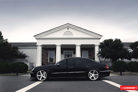 черен седан, Mercedes Benz, AMG, Black, Vossen, W211, Е клас, HD тапет HD wallpaper