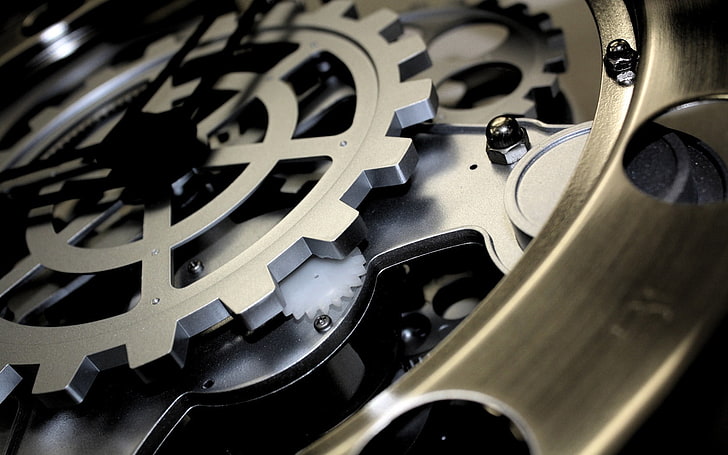 кръгъл златен цвят механичен часовник тапет, часовник, механизъм, зъбно колело, HD тапет