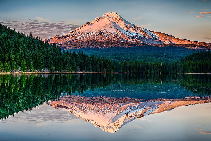 Natur, Landschaft, schneebedeckte Gipfel, Berge, Sonnenuntergang, Wald, See, Wasser, Reflexion, Oregon, Ruhe, Bäume, HD-Hintergrundbild