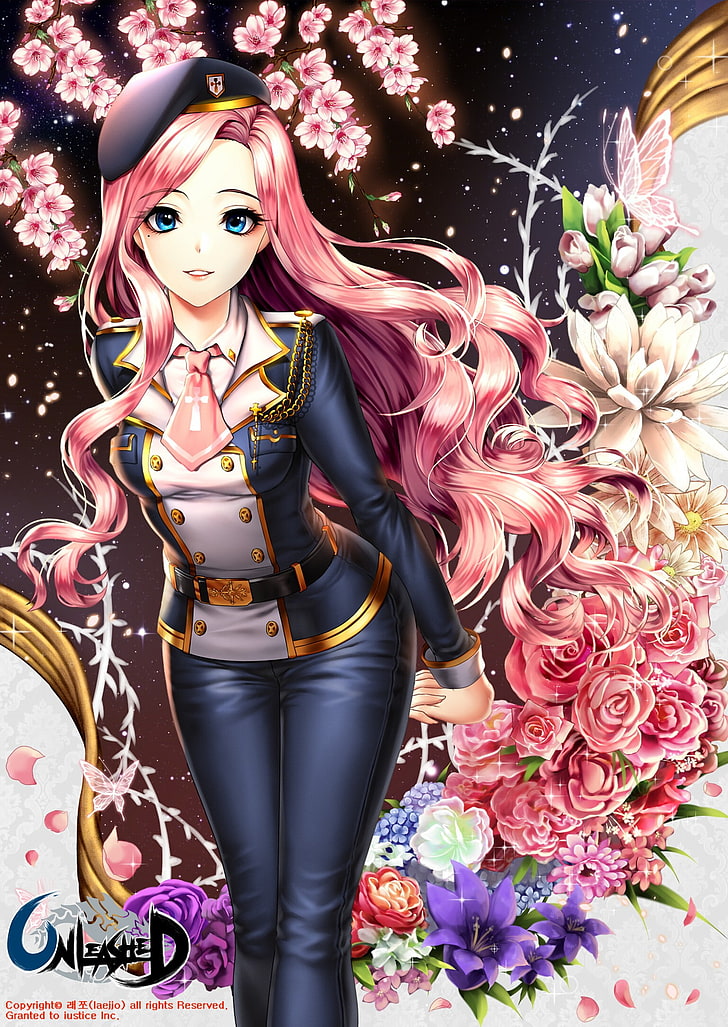 Anime, Anime Girls, Uniform, lange Haare, rosa Haare, blaue Augen, Blumen, HD-Hintergrundbild, Handy-Hintergrundbild