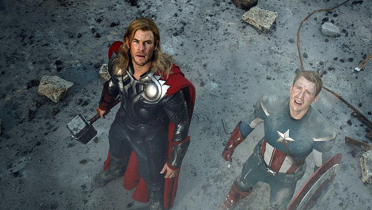 Thor y Capitán América, películas, Los Vengadores, Thor, Capitán América, mirando hacia arriba, Chris Hemsworth, Chris Evans, Marvel Cinematic Universe, Fondo de pantalla HD
