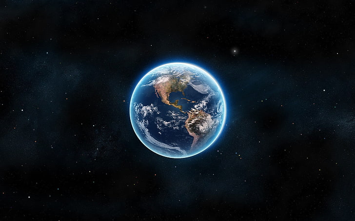Erdillustration, Erde, Raum, Planet, Glühen, Raumkunst, digitale Kunst, Cyan, Sterne, Nordamerika, HD-Hintergrundbild