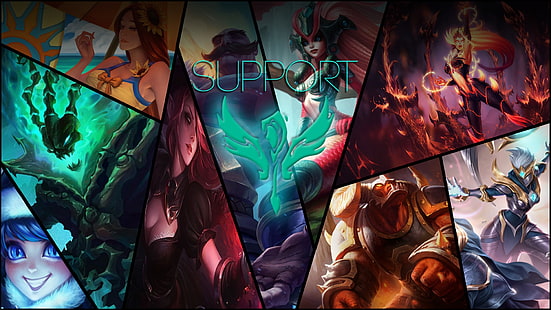 League of Legend support hero graphic wallpaper, League of Legends, Thresh, Leona (League of Legends), Lulu (League of Legends), Morgana (League of Legends), Alistar, Zyra, nami (league of legends), video games, collage, HD wallpaper HD wallpaper