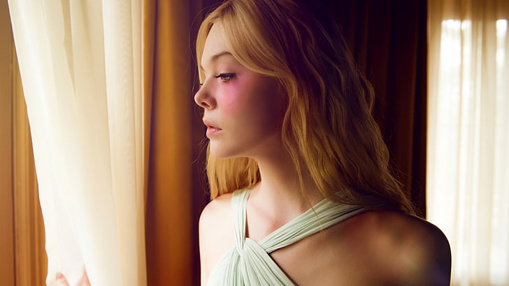 blonde hair woman in white halter dress peeking on window, The Neon Demon, Elle Fanning, Jesse, 4K, HD wallpaper