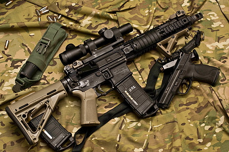 black and brown assault rifle, gun, weapons, machine, optics, camouflage, rifle, assault, Larue Tactical, semi-automatic, HD wallpaper HD wallpaper