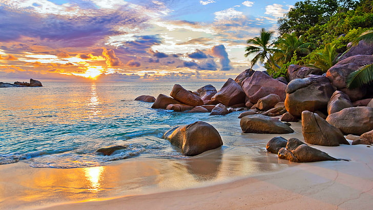 beach, indian ocean, sand, sandy beach, travel, holiday, la digue, sunrise, sunlight, exotic, seychelles, rock, tropics, sandy, ocean, water, coast, sky, sea, shore, HD wallpaper