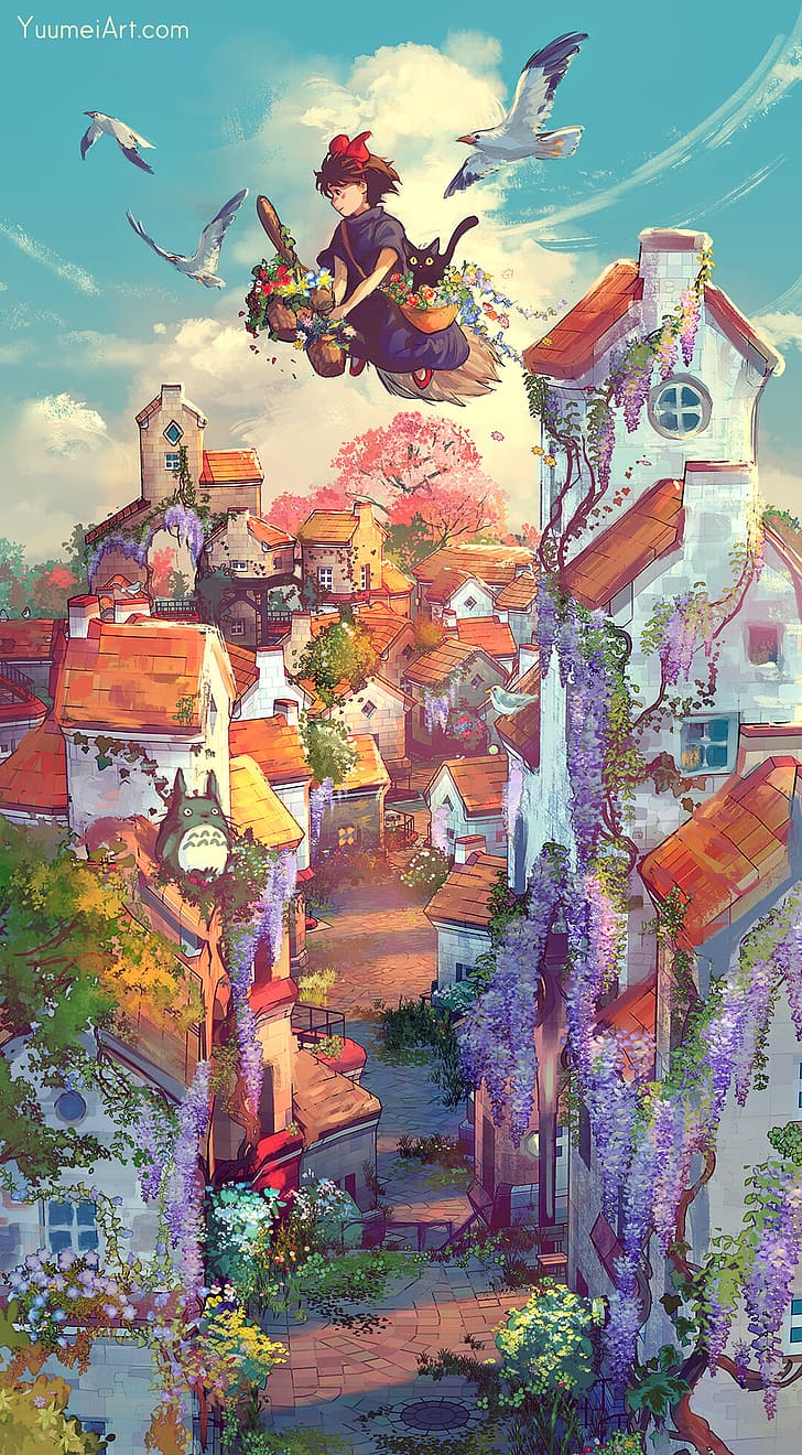 Kunstwerk, digitale Kunst, Anime, Studio Ghibli, Totoro, Kiki (Kikis Lieferservice), Stadt, HD-Hintergrundbild, Handy-Hintergrundbild