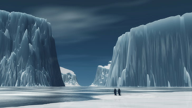 mountains, river, ice, snow, couple, Antarctica, penguins, digital art, Arctic, artwork, landscape, HD wallpaper
