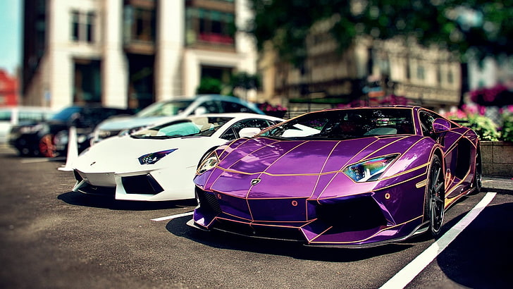 coupe ungu dan putih, mobil sport, mobil, Lamborghini, Lamborghini Aventador, Wallpaper HD