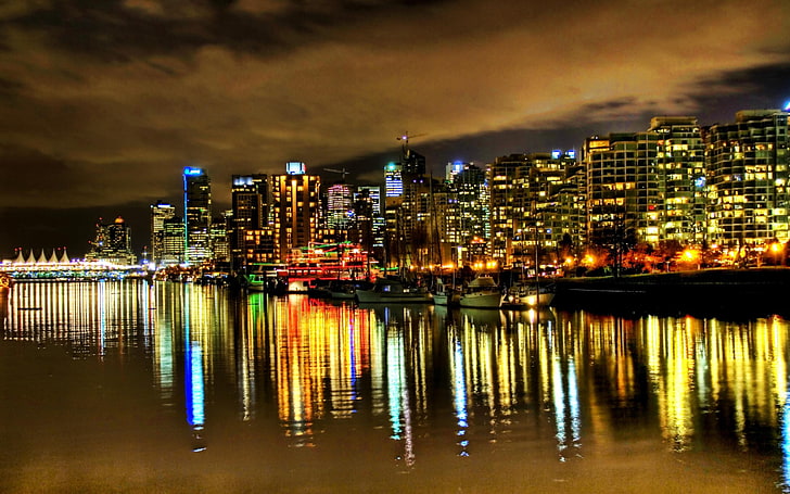 فانكوفر ، منظر المدينة ، الانعكاس ، الأضواء ، الماء ، الليل، خلفية HD