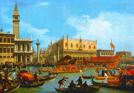 그림, 보트, 베니스, 곤돌라, 도시 경관, Canaletto, Giovanni Antonio Canal, Palazzo Ducale의 쇼핑몰로 Bucintoro 반환, HD 배경 화면 HD wallpaper