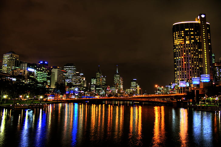 silhouette of city skyline during nighttime, melbourne, yarra river, melbourne, yarra river, Melbourne, Yarra River, HDR, silhouette, city, skyline, nighttime, Southbank, Yarra  River, blue, yellow, night, bridge, crown, cityscape, urban Skyline, architecture, reflection, illuminated, famous Place, skyscraper, urban Scene, river, HD wallpaper