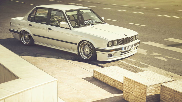 흰색 BMW 세단 형 자동차, BMW, 자동차, E30, BBS, 자세, 바퀴, 저품질, HD 배경 화면