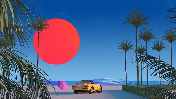 Trey Trimble, matahari merah, pohon-pohon palem, mobil, vaporwave, Wallpaper HD
