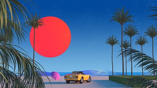 Trey Trimble, kızıl güneş, palmiye ağaçları, Araba, vaporwave, HD masaüstü duvar kağıdı HD wallpaper