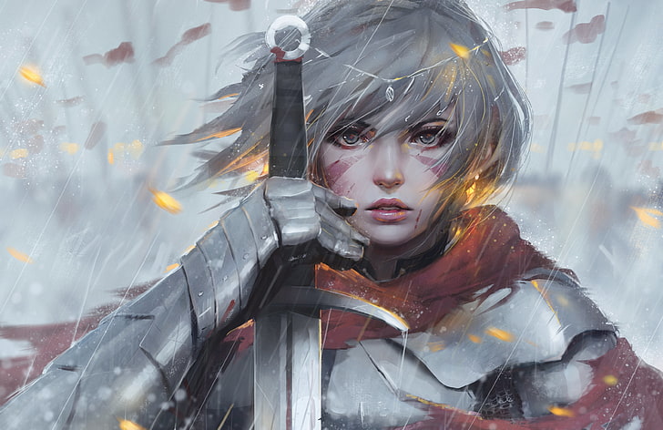 girl holding sword illustration, gray hair, GUWEIZ, armor, sword, HD wallpaper
