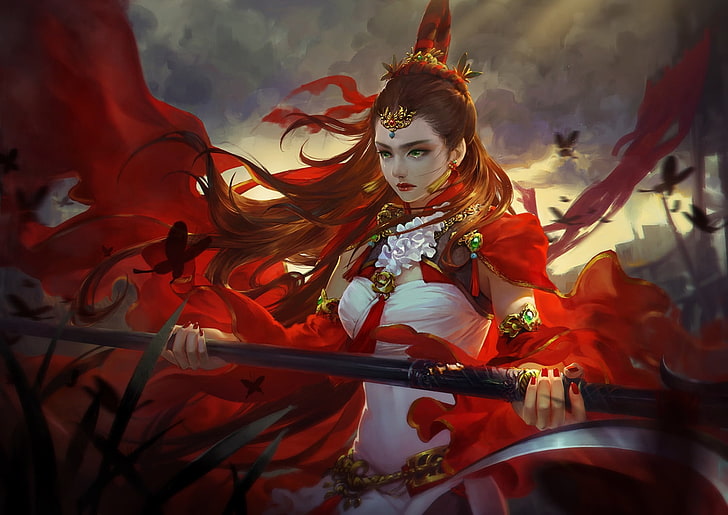 Ling Ju, red, mu meiren, frumusete, luminos, queen, fantasy, warrior, girl, asian, HD wallpaper