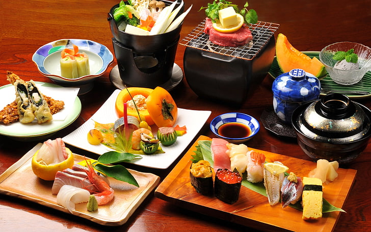 variety of fruits and vegetables, rolls, sushi, japanese food, fruits, vegetables, HD wallpaper