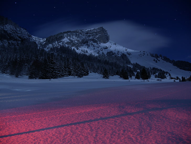 الجبال ، الليل ، الشتاء ، الثلج ، المناظر الطبيعية ، فرنسا، خلفية HD