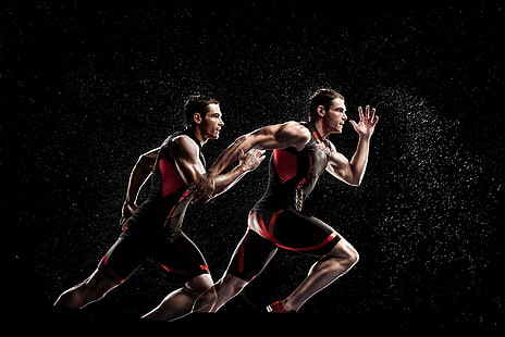 мъже спортисти, спортисти, бягане, спорт, спрей, форма, HD тапет HD wallpaper