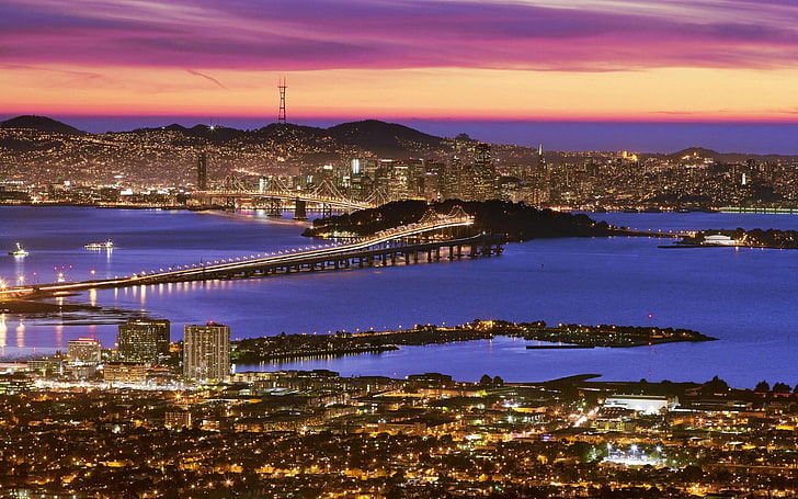 серый бетонный мост, Сан - Франциско, вид, вид сверху, огни города, HD обои